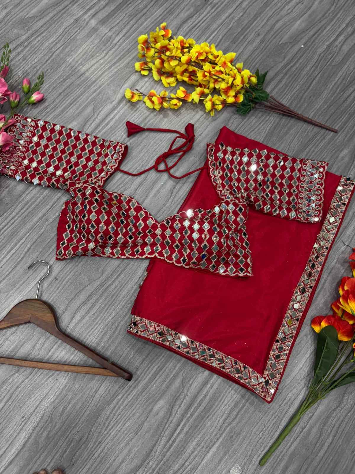 ASN-71 French Crape Silk Saree – Heavy Real Mirror Work Border with Matching Mirror Work Blouse | House of ShiVisha™