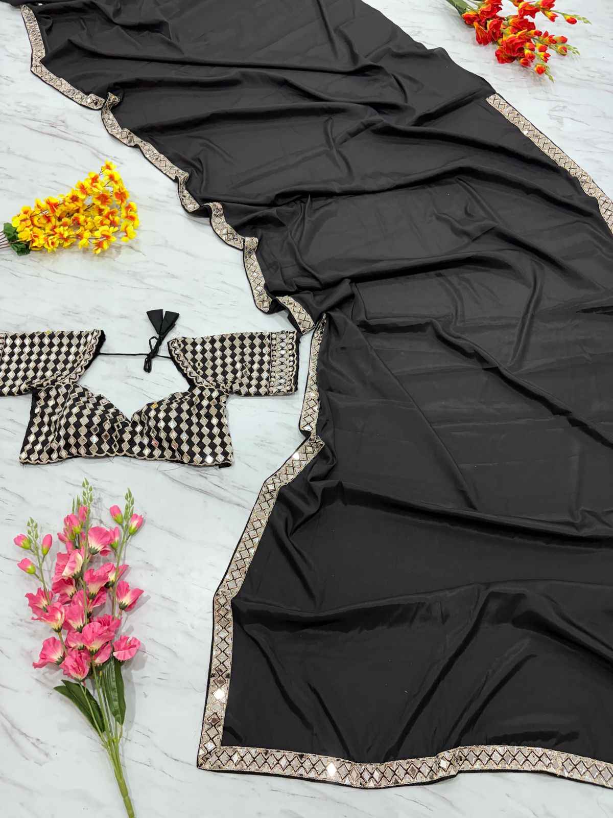 ASN-71 French Crape Silk Saree – Heavy Real Mirror Work Border with Matching Mirror Work Blouse | House of ShiVisha™