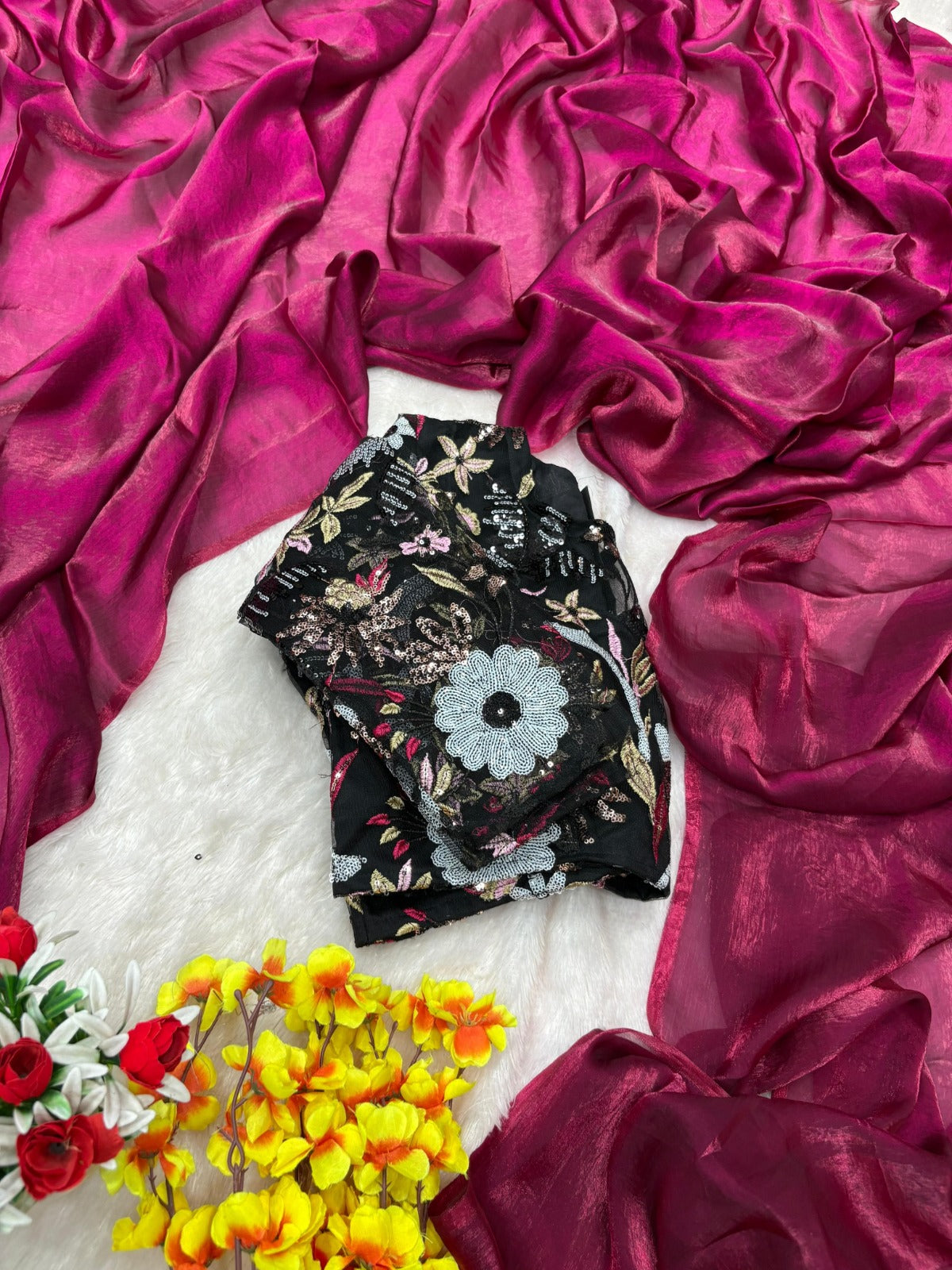 ASN-78 Premium Space Silk Saree – 6 Sequin Embroidery Soft Net Blouse | House of ShiVisha™