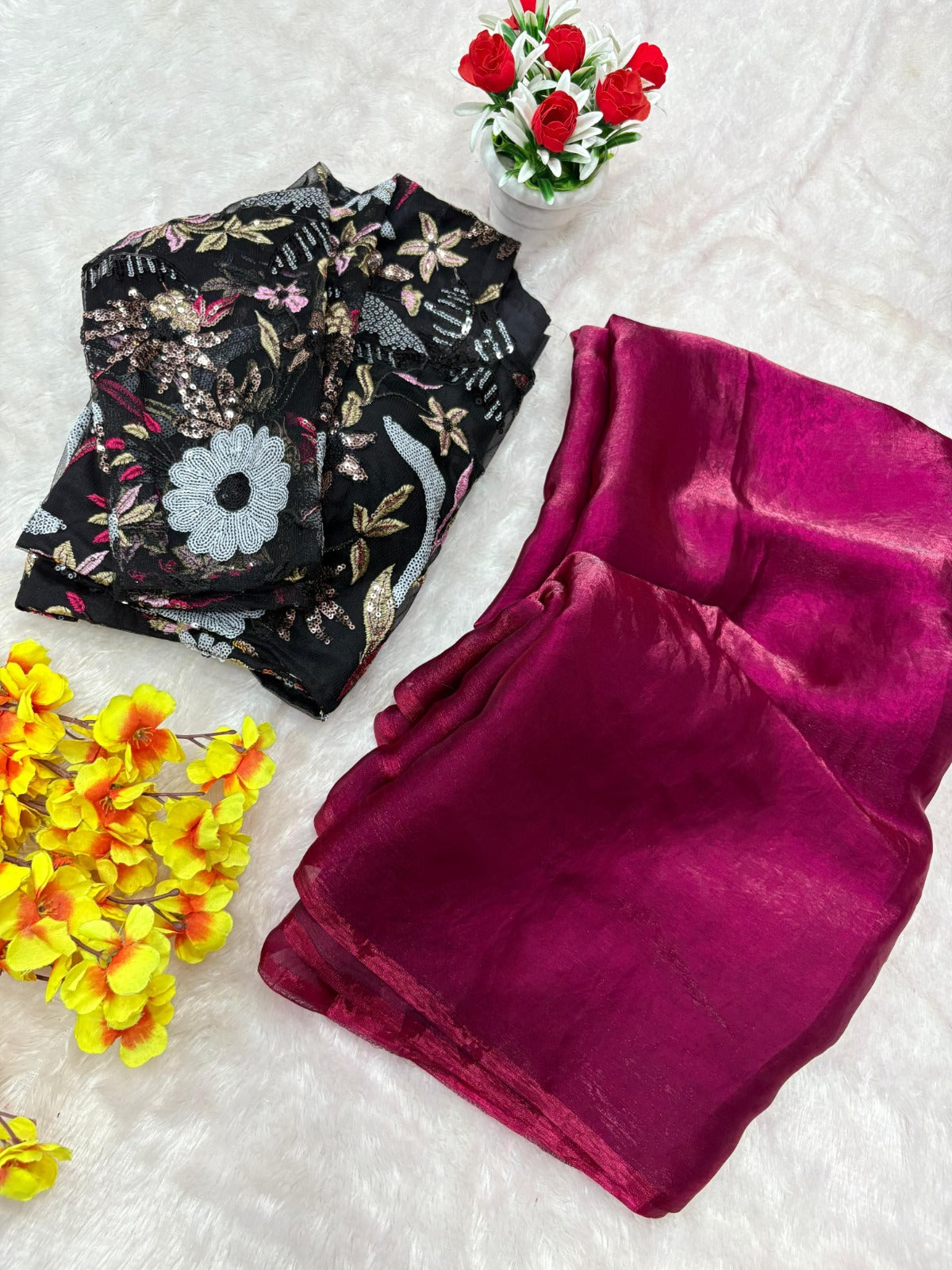 ASN-78 Premium Space Silk Saree – 6 Sequin Embroidery Soft Net Blouse | House of ShiVisha™