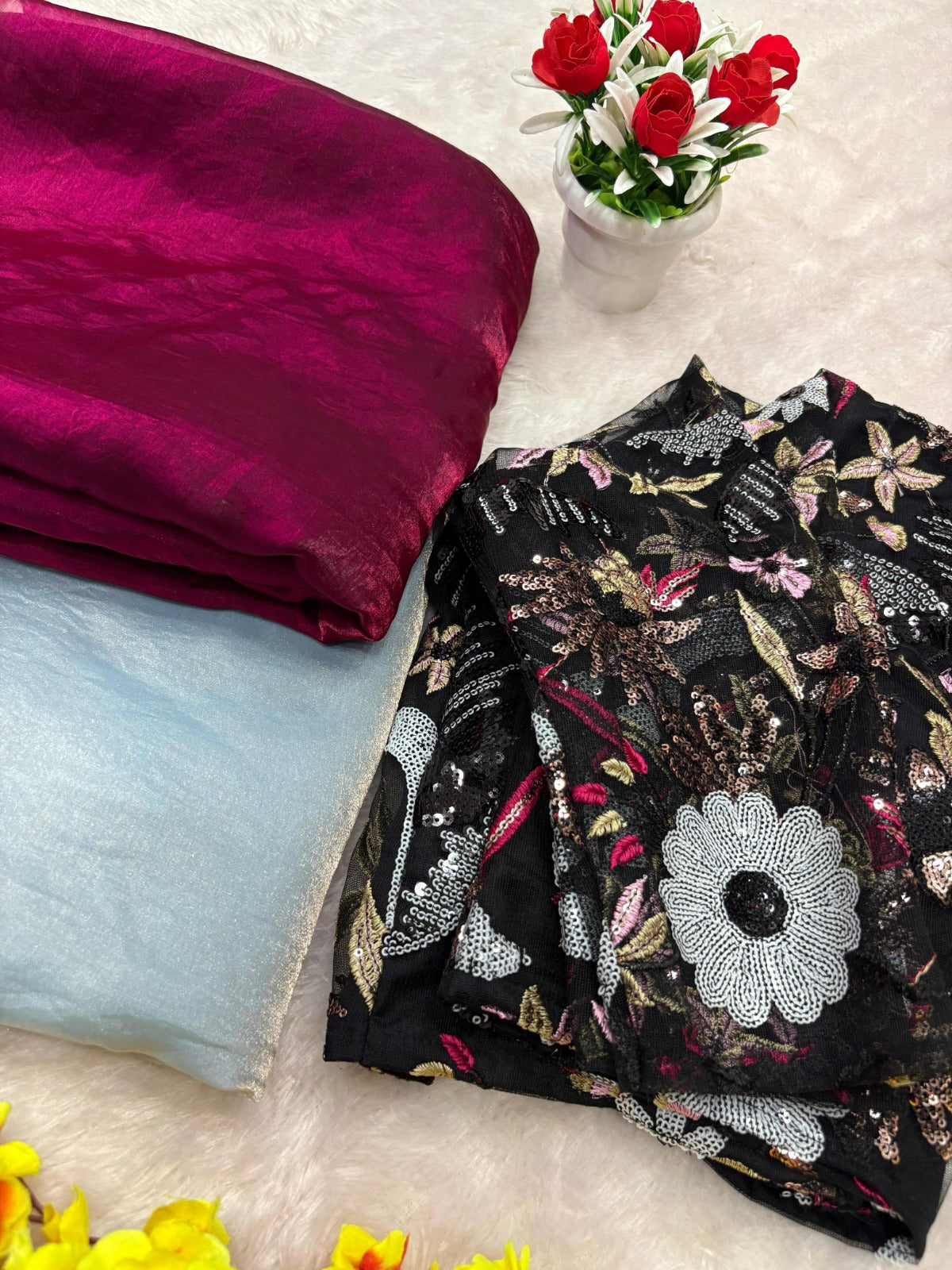 ASN-78 Premium Space Silk Saree – 6 Sequin Embroidery Soft Net Blouse | House of ShiVisha™