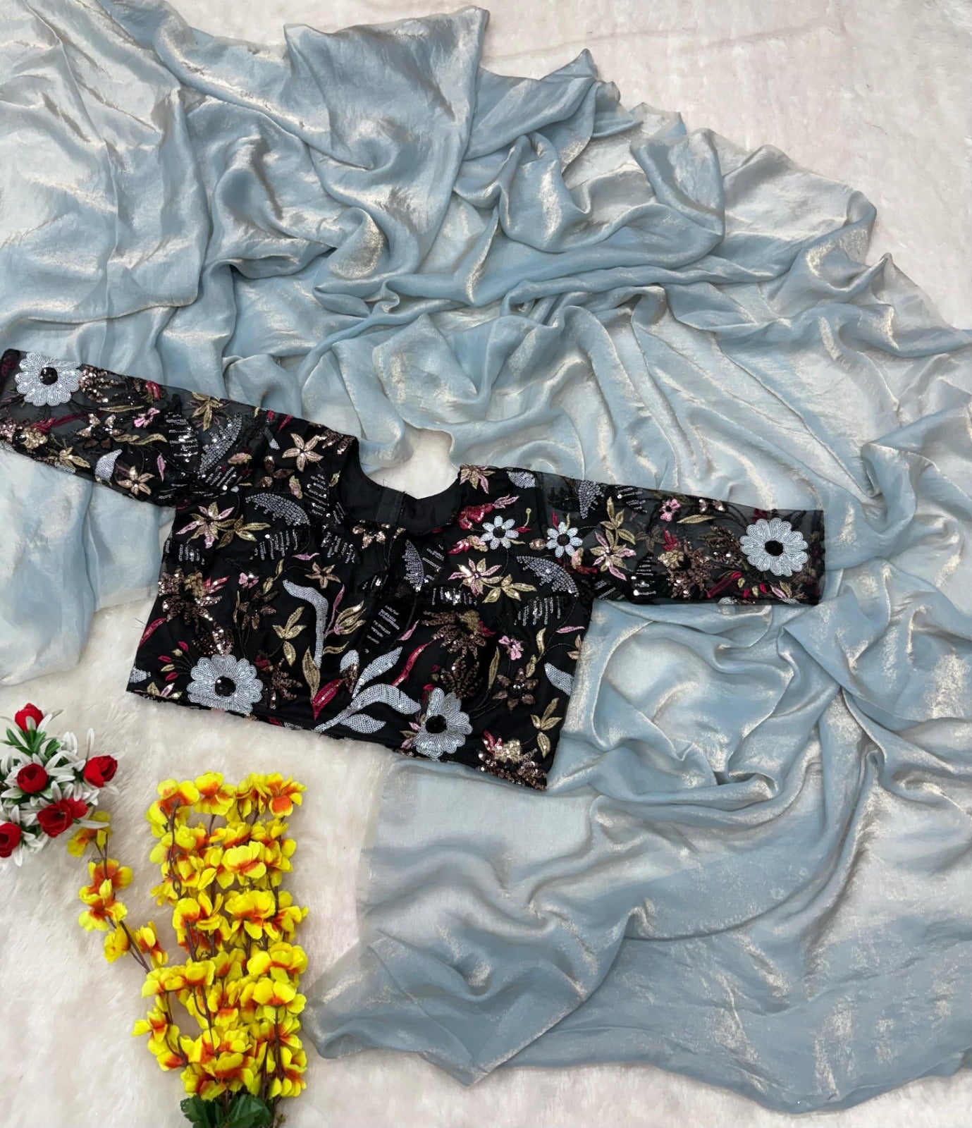 ASN-78 Premium Space Silk Saree – 6 Sequin Embroidery Soft Net Blouse | House of ShiVisha™