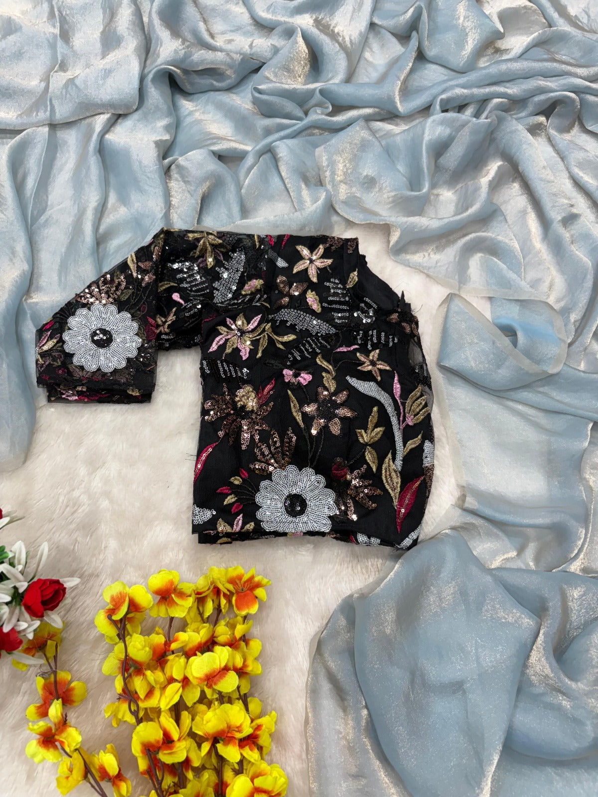 ASN-78 Premium Space Silk Saree – 6 Sequin Embroidery Soft Net Blouse | House of ShiVisha™