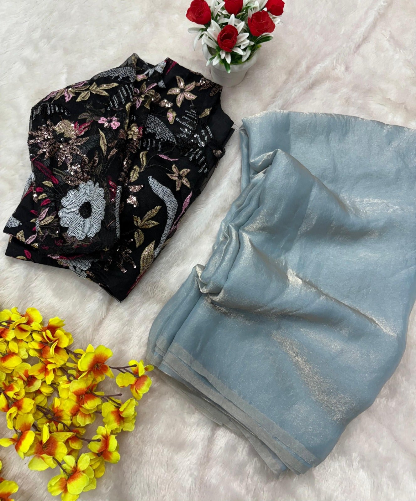 ASN-78 Premium Space Silk Saree – 6 Sequin Embroidery Soft Net Blouse | House of ShiVisha™