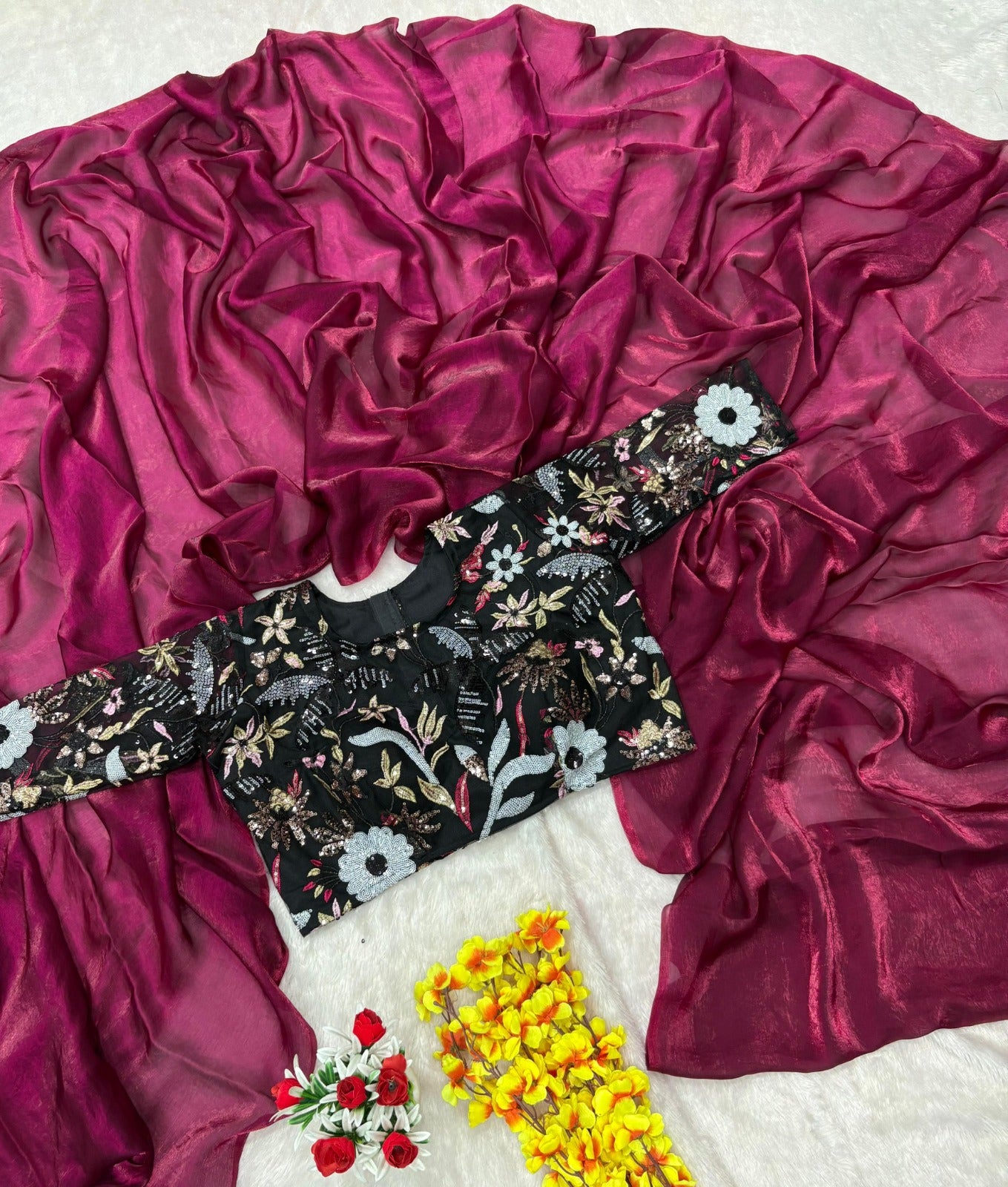 ASN-78 Premium Space Silk Saree – 6 Sequin Embroidery Soft Net Blouse | House of ShiVisha™