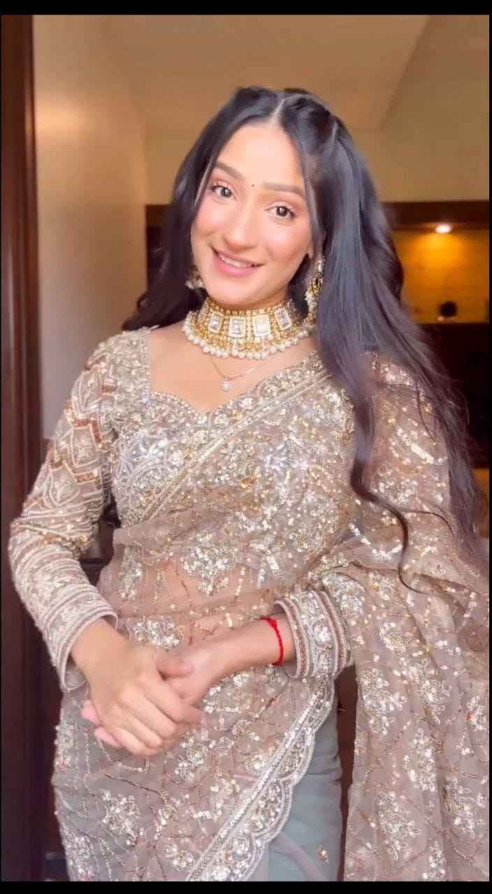 ASN-81 Butterfly Net Saree – Embroidery, Jati & Sequin Work with Matching Unstitched Blouse | House of ShiVisha™