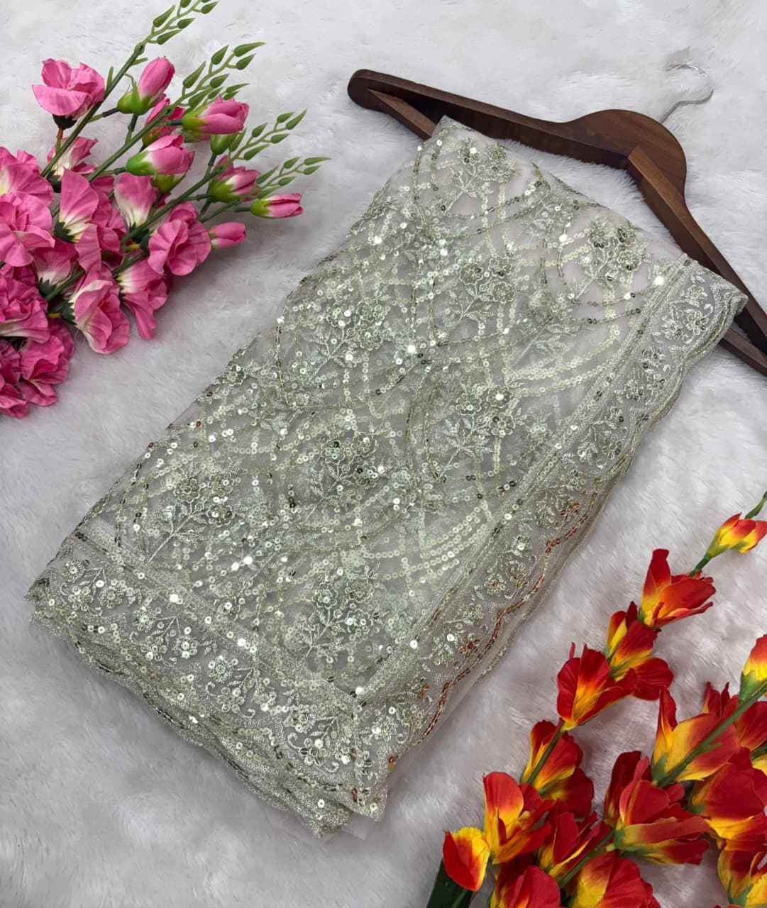 ASN-81 Butterfly Net Saree – Embroidery, Jati & Sequins Work with Designer Unstitched Blouse | House of ShiVisha™