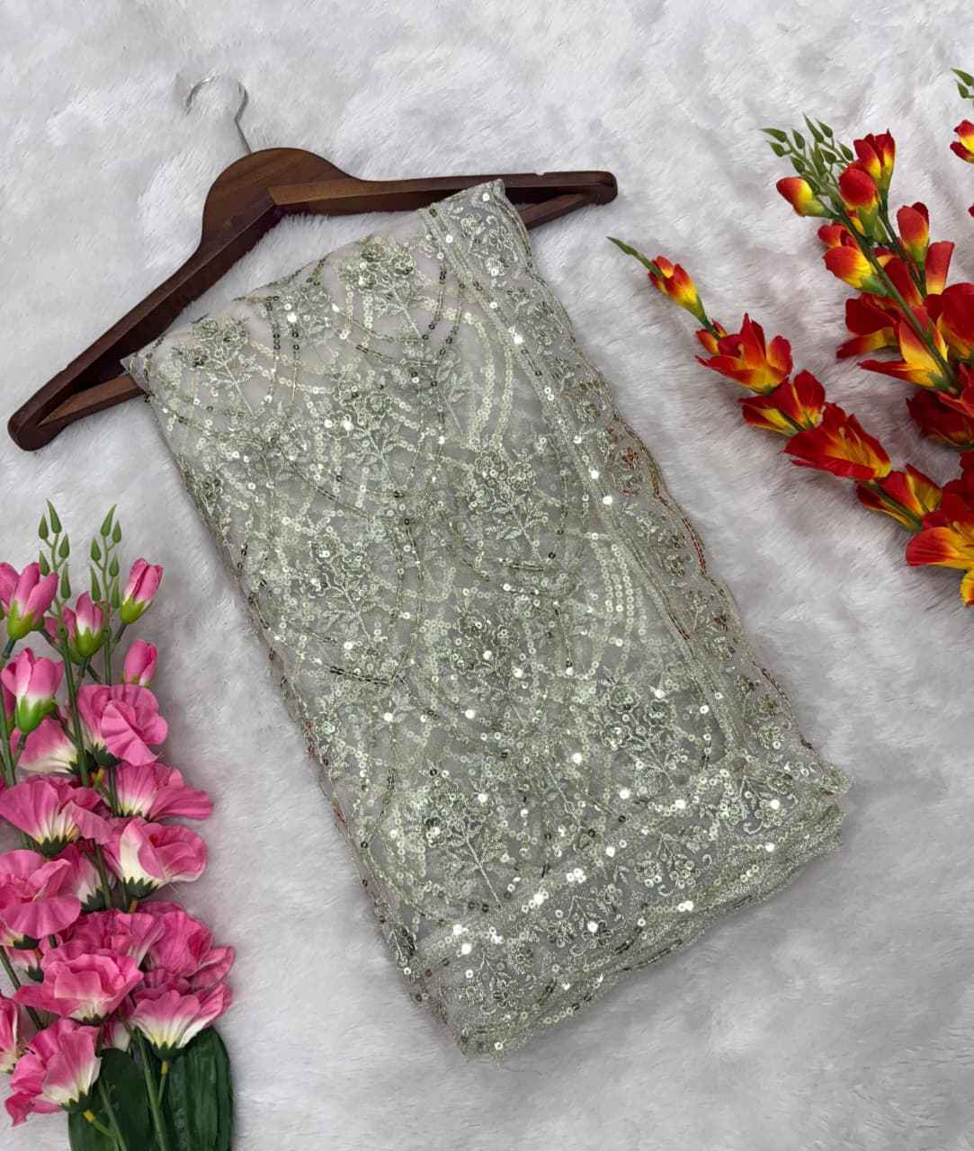 ASN-81 Butterfly Net Saree – Embroidery, Jati & Sequins Work with Designer Unstitched Blouse | House of ShiVisha™