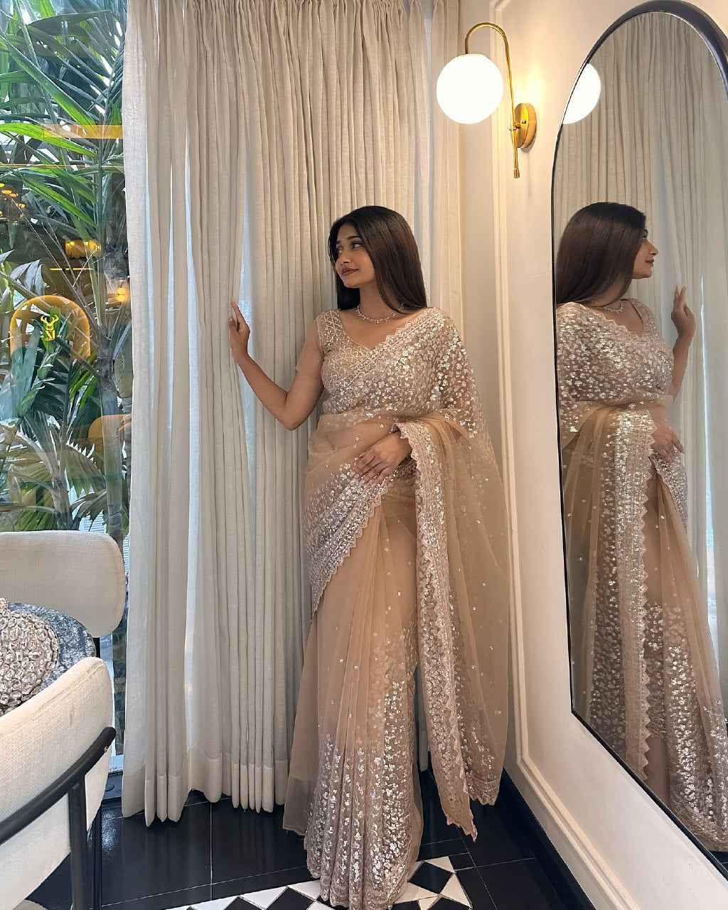 ASN-82 Butterfly Net Saree – Heavy Sequin Embroidery with Silk Inner & Dual-Side Work Blouse  House of ShiVisha™