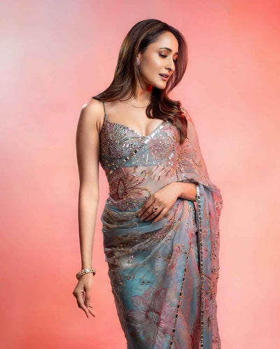 ASN-83 Tabby Silk Saree – Print, Hand Sequins & Real Mirror Work with Matching Blouse | House of ShiVisha™
