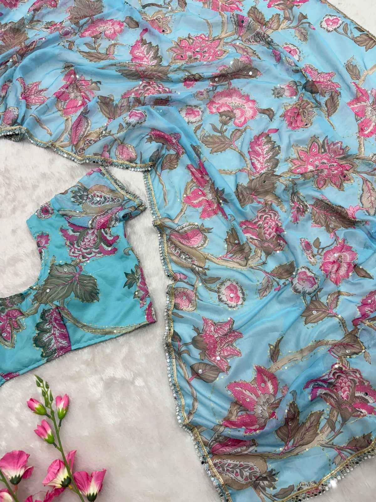 ASN-83 Tabby Silk Saree – Print, Hand Sequins & Real Mirror Work with Matching Blouse | House of ShiVisha™