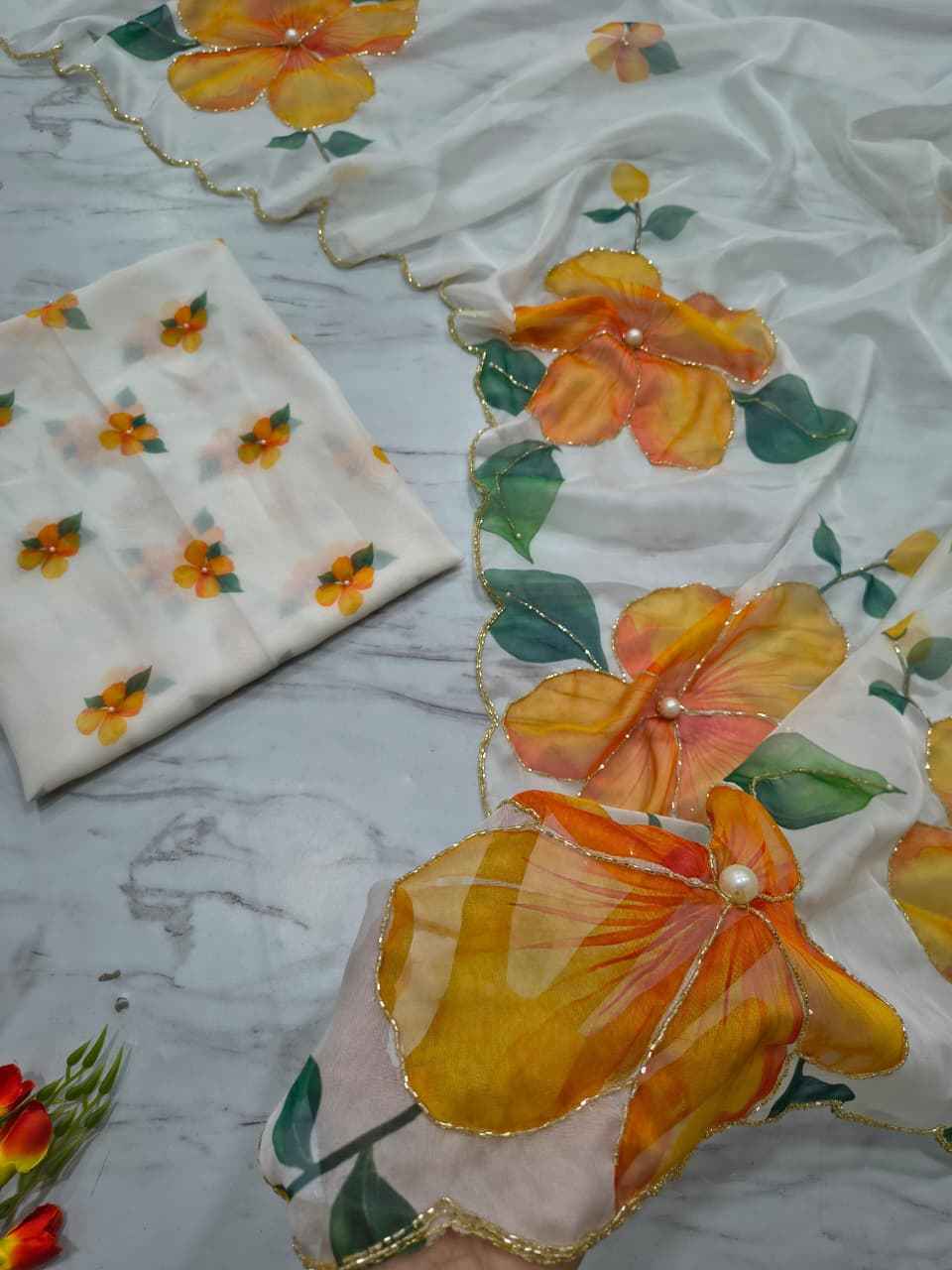 ASN-90 Taby Silk Saree – Floral Print with Full Handwork & Pearl Detailing + Matching Blouse | House of ShiVisha™