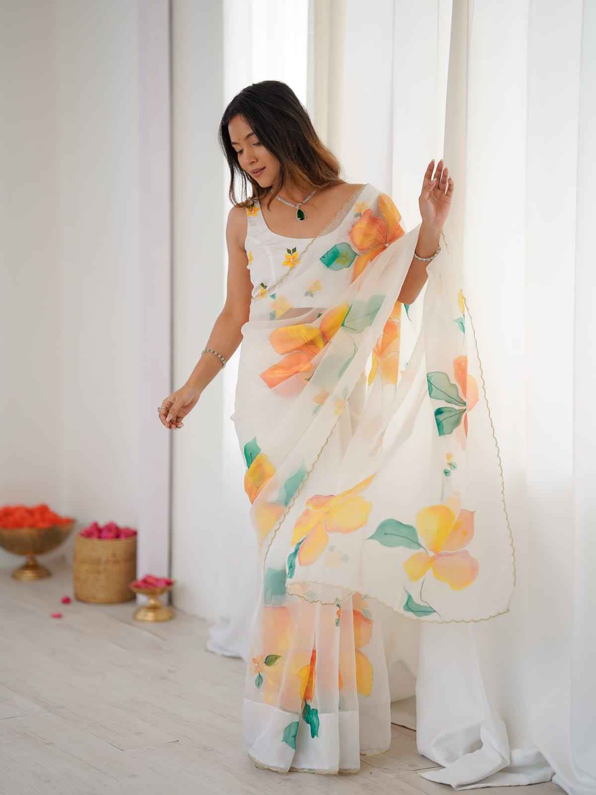 ASN-90 Taby Silk Saree – Floral Print with Full Handwork & Pearl Detailing + Matching Blouse | House of ShiVisha™