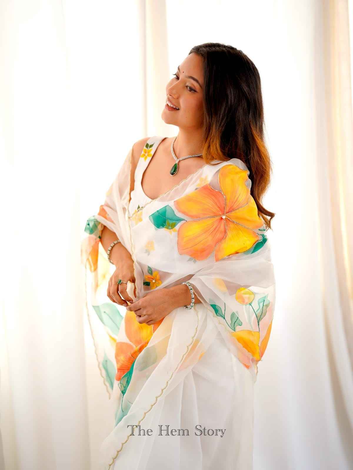 ASN-90 Taby Silk Saree – Floral Print with Full Handwork & Pearl Detailing + Matching Blouse | House of ShiVisha™