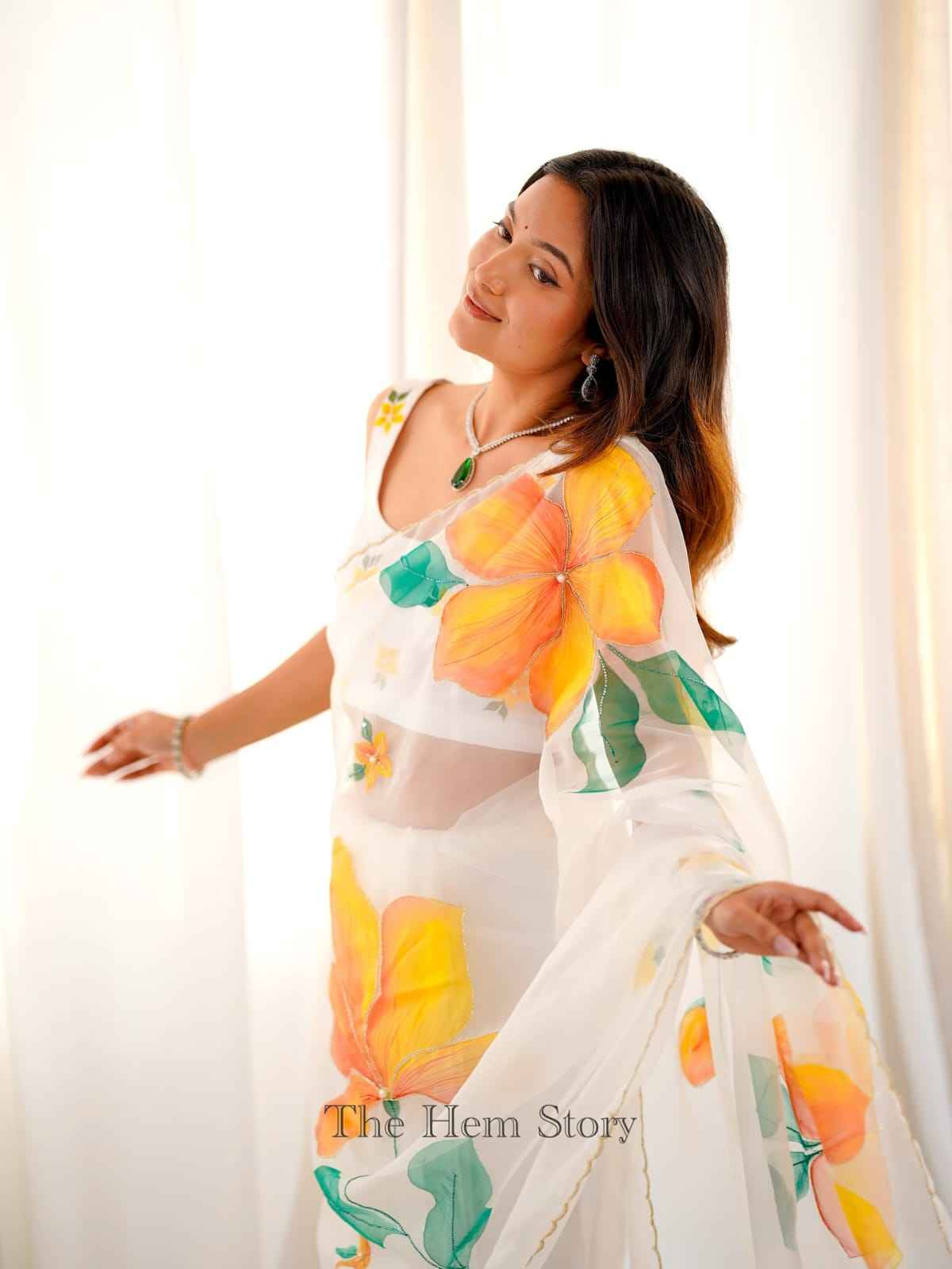 ASN-90 Taby Silk Saree – Floral Print with Full Handwork & Pearl Detailing + Matching Blouse | House of ShiVisha™