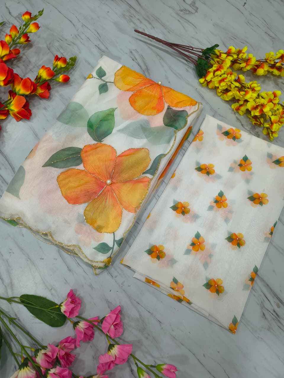 ASN-90 Taby Silk Saree – Floral Print with Full Handwork & Pearl Detailing + Matching Blouse | House of ShiVisha™