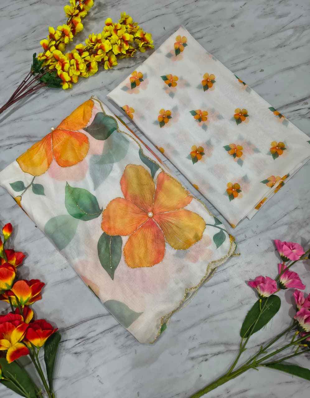 ASN-90 Taby Silk Saree – Floral Print with Full Handwork & Pearl Detailing + Matching Blouse | House of ShiVisha™