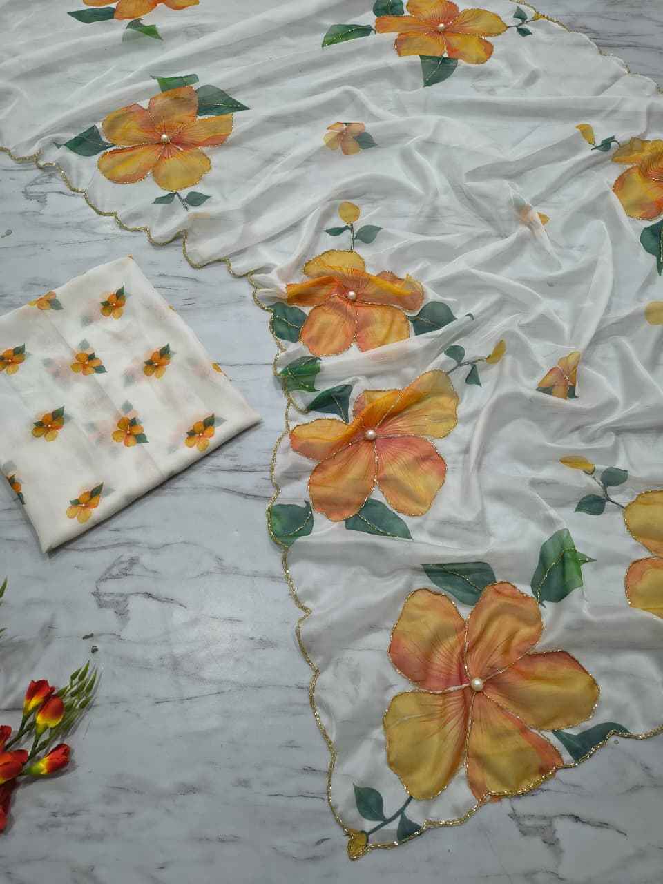 ASN-90 Taby Silk Saree – Floral Print with Full Handwork & Pearl Detailing + Matching Blouse | House of ShiVisha™