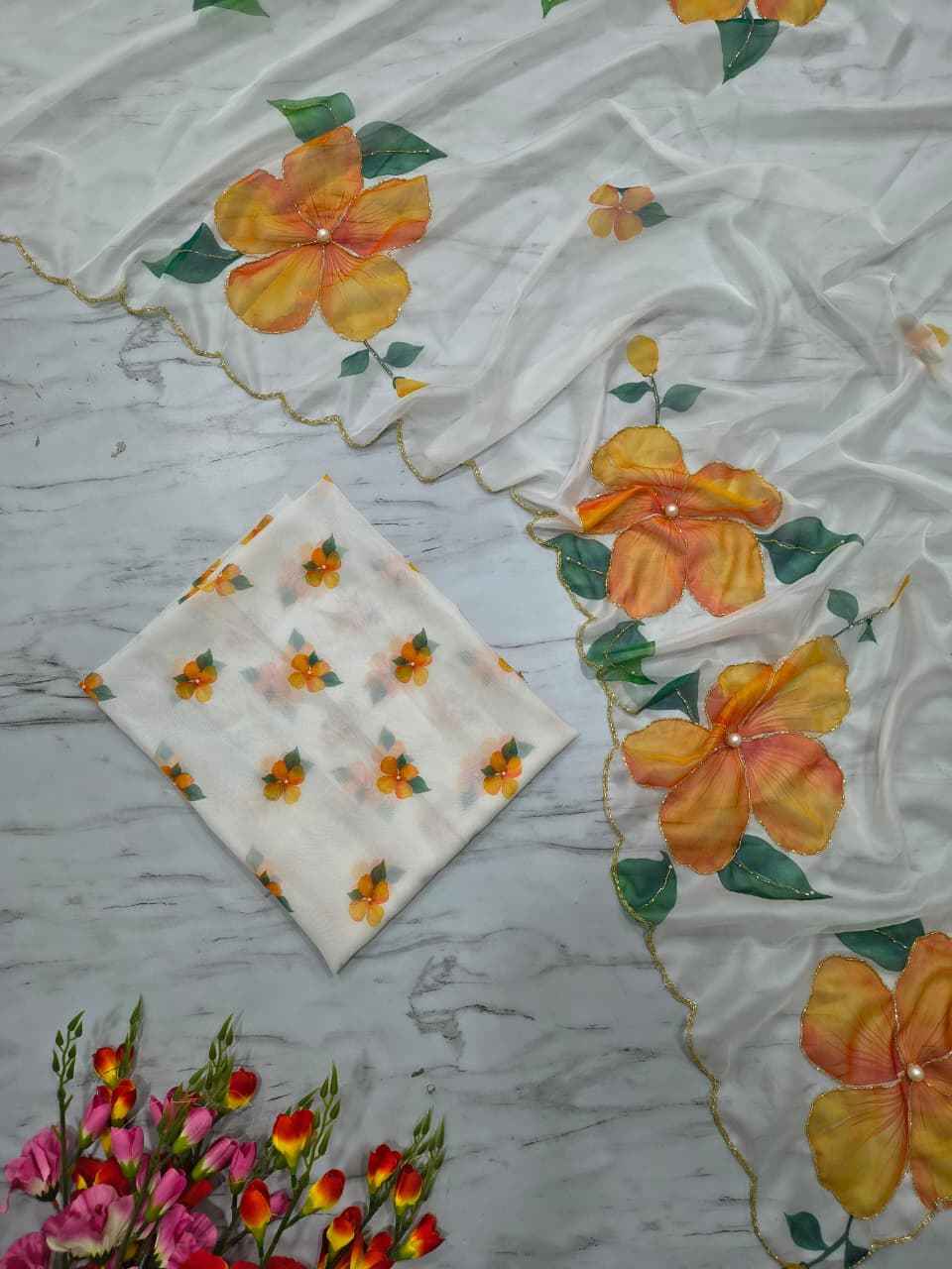 ASN-90 Taby Silk Saree – Floral Print with Full Handwork & Pearl Detailing + Matching Blouse | House of ShiVisha™