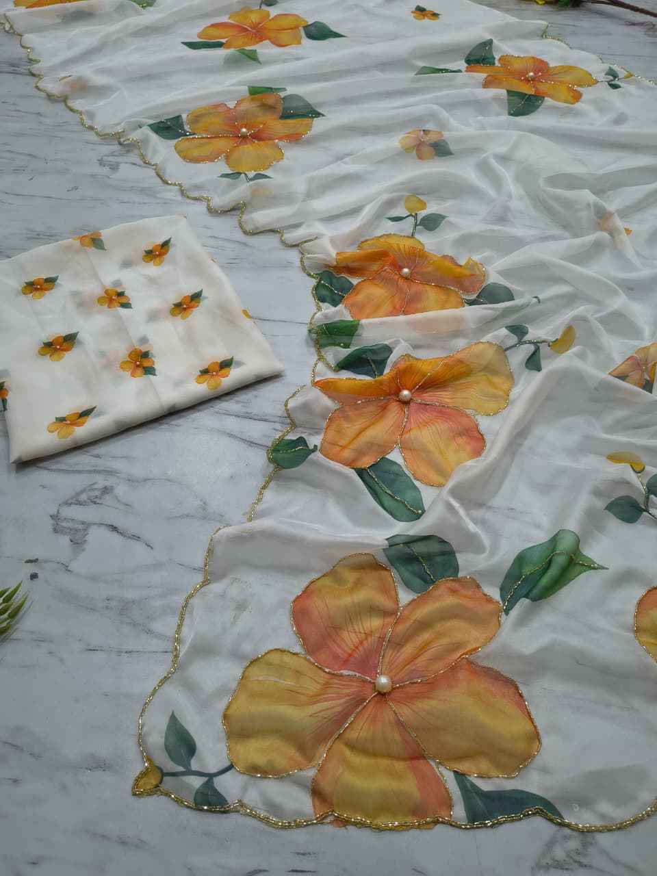 ASN-90 Taby Silk Saree – Floral Print with Full Handwork & Pearl Detailing + Matching Blouse | House of ShiVisha™