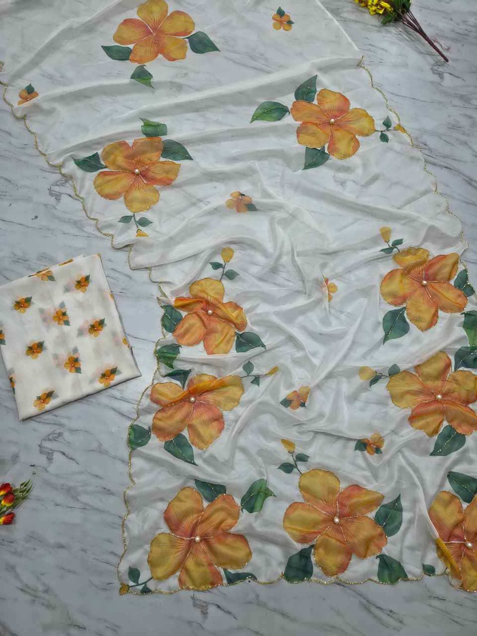 ASN-90 Taby Silk Saree – Floral Print with Full Handwork & Pearl Detailing + Matching Blouse | House of ShiVisha™