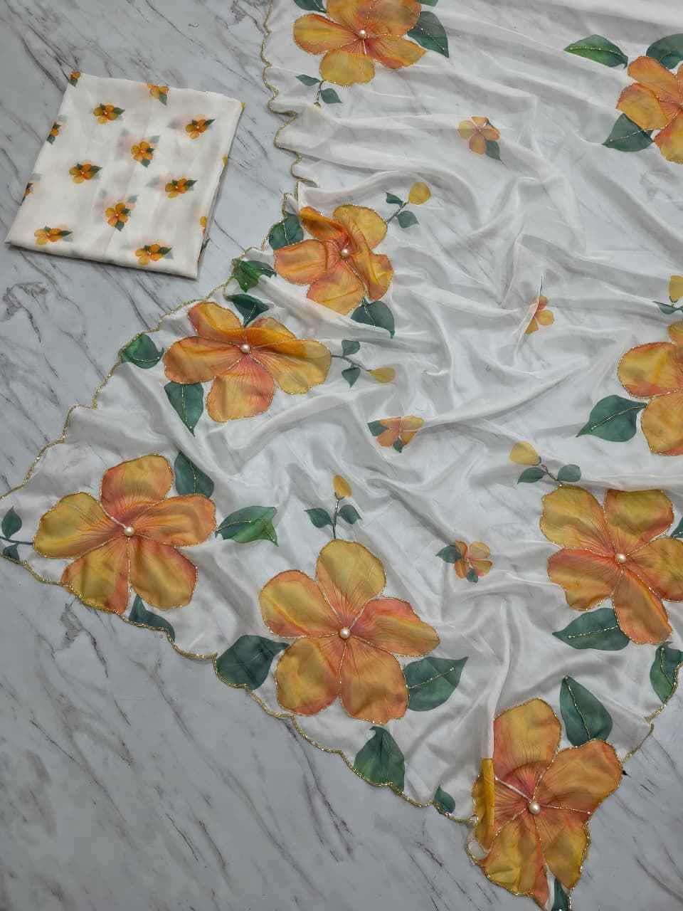 ASN-90 Taby Silk Saree – Floral Print with Full Handwork & Pearl Detailing + Matching Blouse | House of ShiVisha™