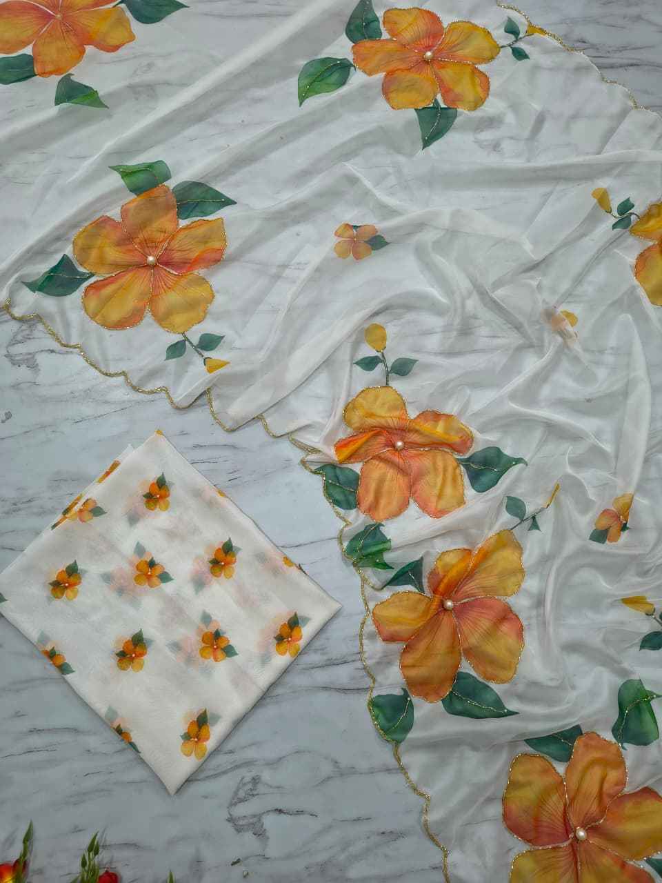 ASN-90 Taby Silk Saree – Floral Print with Full Handwork & Pearl Detailing + Matching Blouse | House of ShiVisha™