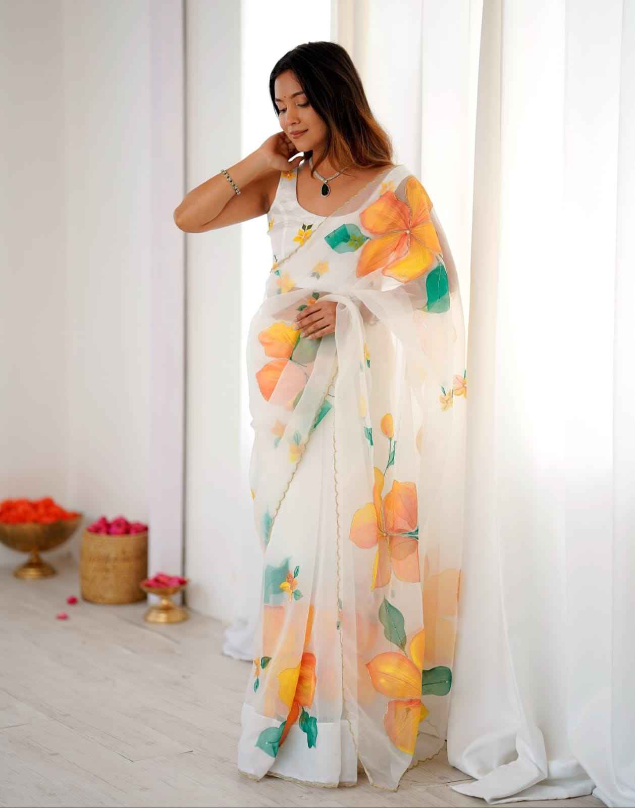 ASN-90 Taby Silk Saree – Floral Print with Full Handwork & Pearl Detailing + Matching Blouse | House of ShiVisha™