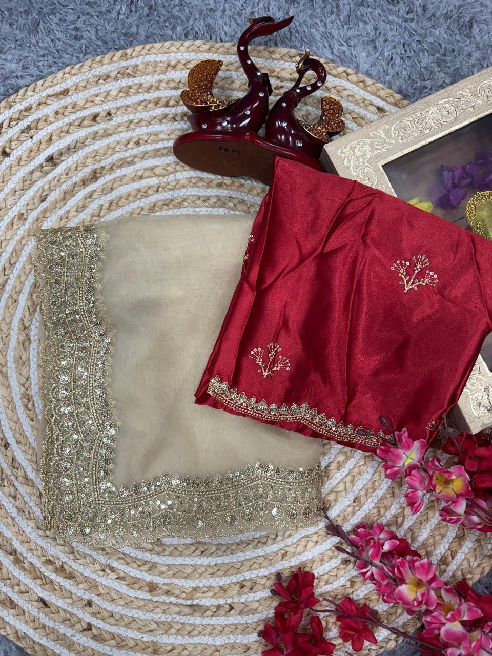 Aarvi Organza Silk Saree with Heavy Embroidery, Sequin & Zari Work – Cutwork Border Elegance | House of ShiVisha™ | Festive Luxe Edition | Code: KK-AARVI