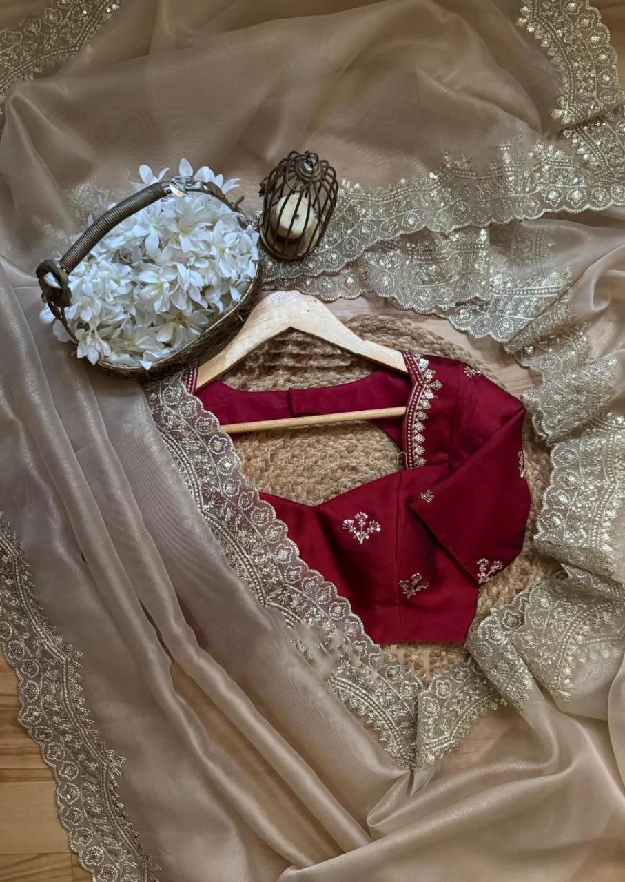 Aarvi Organza Silk Saree with Heavy Embroidery, Sequin & Zari Work – Cutwork Border Elegance | House of ShiVisha™ | Festive Luxe Edition | Code: KK-AARVI