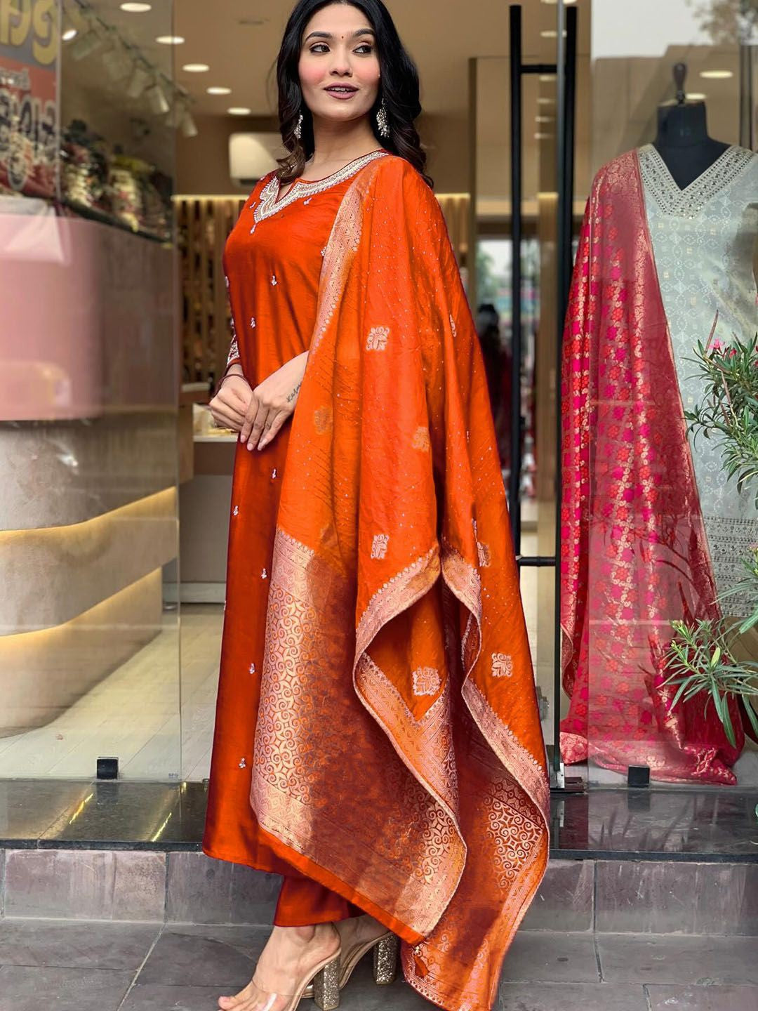 Aashi Silk Kurta Pant Dupatta Set – Embroidered PV Chanderi with Art Silk Dupatta | House of ShiVisha™