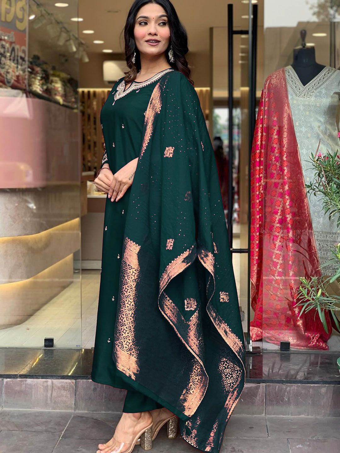 Aashi Silk Kurta Pant Dupatta Set – Embroidered PV Chanderi with Art Silk Dupatta | House of ShiVisha™ | Color: Green