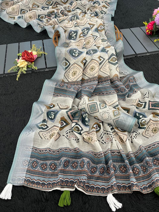 Ankita Linen Cotton Saree – Handloom Digital Print with Zari Border & Latkan Blouse Piece | House of ShiVisha™ | Ethnic Heritage Edition