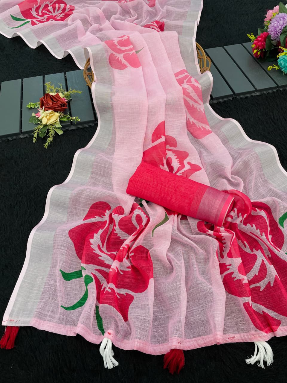 Ankita Linen Cotton Saree – Handloom Digital Print with Zari Border & Latkan Blouse Piece | House of ShiVisha™ | Ethnic Heritage Edition