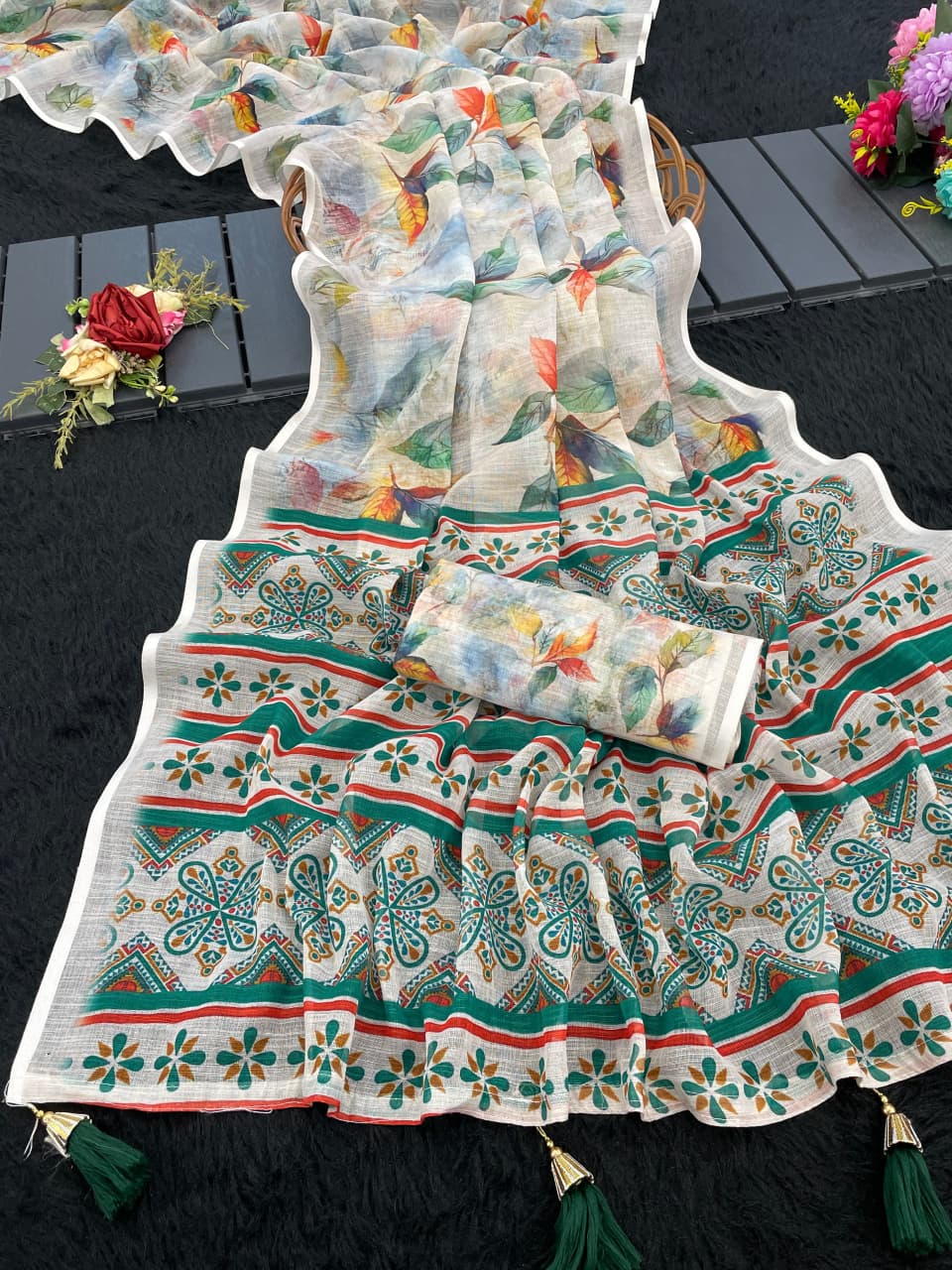 Ankita Linen Cotton Saree – Handloom Digital Print with Zari Border & Latkan Blouse Piece | House of ShiVisha™ | Ethnic Heritage Edition