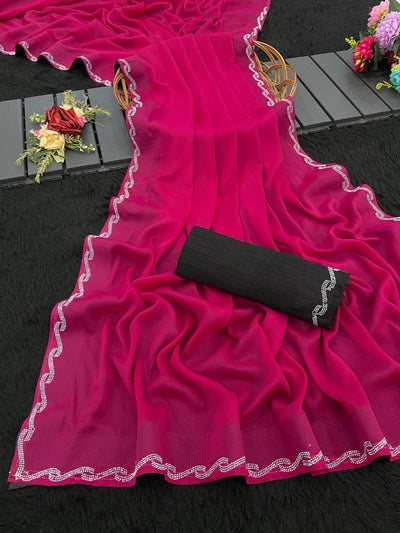 Avani Swarovski Star Georgette Silk Saree – Swarovski Work with Fancy Lace Border & Banglory Blouse | House of ShiVisha™