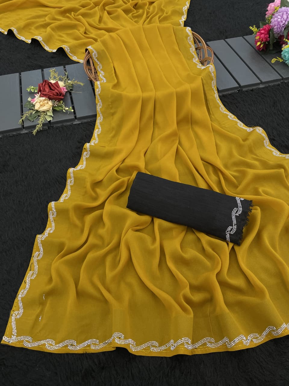 Avani Swarovski Star Georgette Silk Saree – Swarovski Work with Fancy Lace Border & Banglory Blouse | House of ShiVisha™