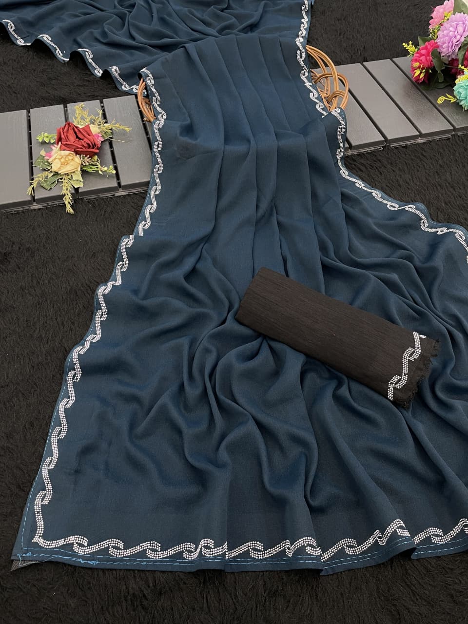 Avani Swarovski Star Georgette Silk Saree – Swarovski Work with Fancy Lace Border & Banglory Blouse | House of ShiVisha™