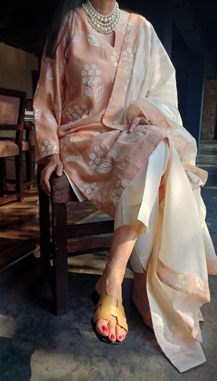 “Birthday Bloom” Baby Pink Embroidered Kurti Pant Dupatta Set – Alia Bhatt Birthday Special Edition | House of ShiVisha™