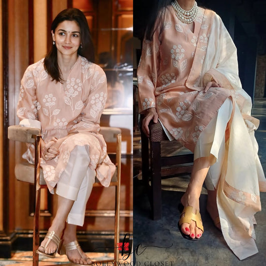 “Birthday Bloom” Baby Pink Embroidered Kurti Pant Dupatta Set – Alia Bhatt Birthday Special Edition | House of ShiVisha™