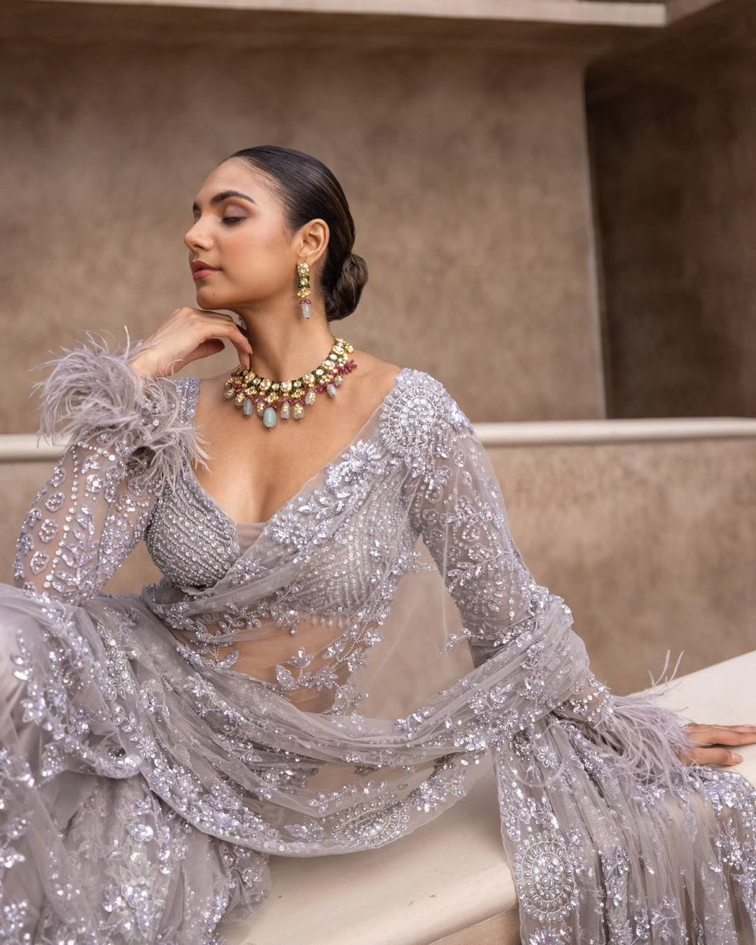 Bollywood Blockbuster Designer Saree – Heavy Mono Net with 5MM Multy & Sequins Embroidery | House of ShiVisha™ | Code: DF 339