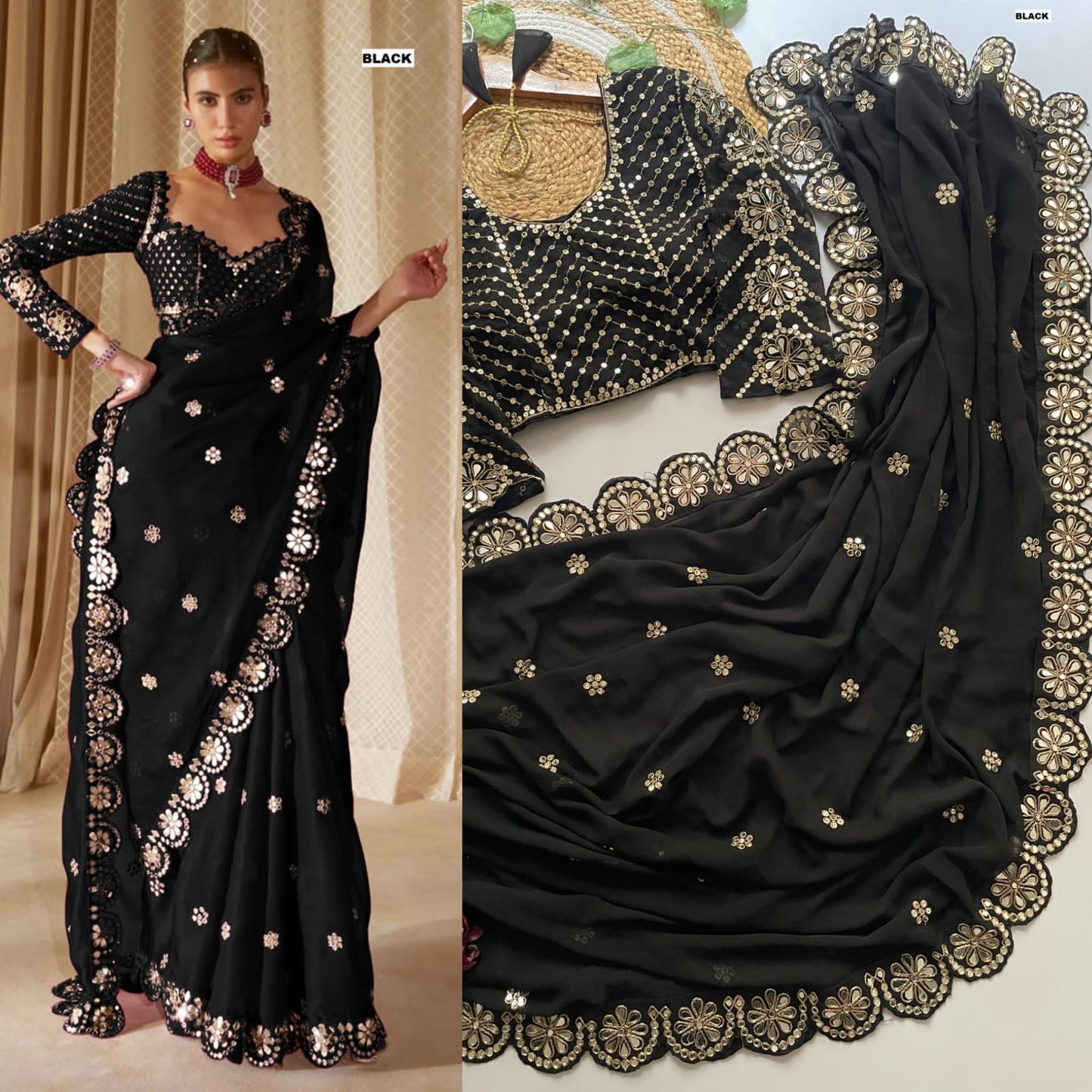 Bollywood Blockbuster Original Mirror Work Georgette Saree – Heavy Sequin Embroidery & Stitched Designer Blouse | House of ShiVisha™ | Luxe Mirror Edition | Code: DF-3457
