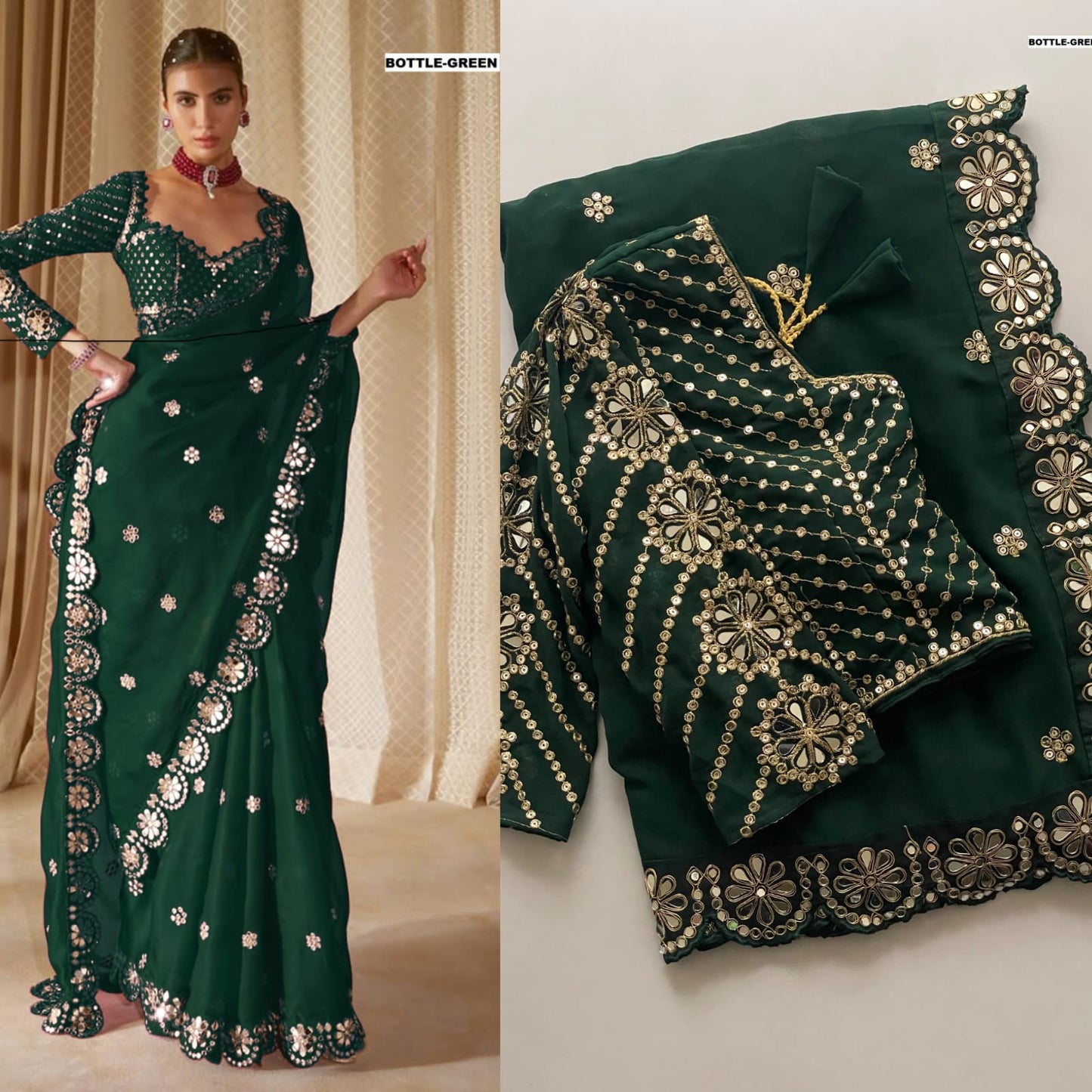 Bollywood Blockbuster Original Mirror Work Georgette Saree – Heavy Sequin Embroidery & Stitched Designer Blouse | House of ShiVisha™ | Luxe Mirror Edition | Code: DF-3457