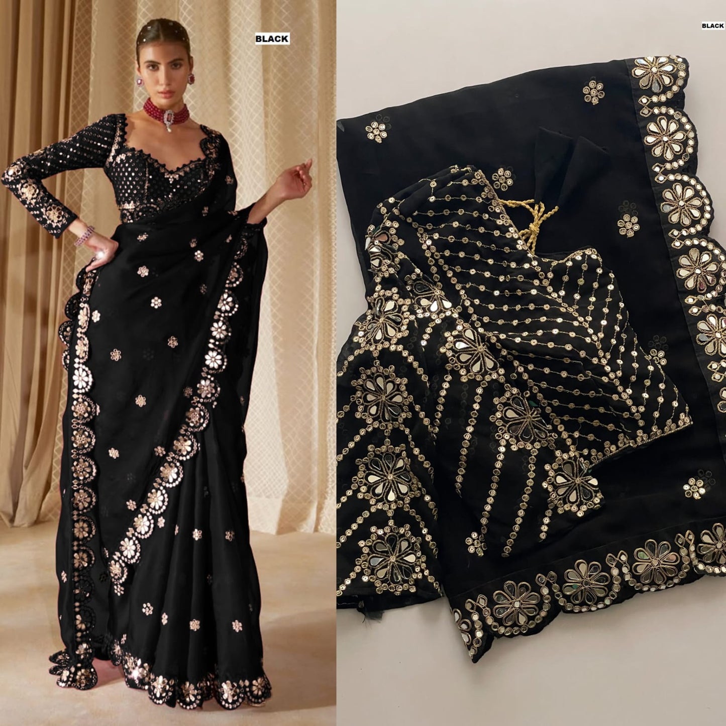 Bollywood Blockbuster Original Mirror Work Georgette Saree – Heavy Sequin Embroidery & Stitched Designer Blouse | House of ShiVisha™ | Luxe Mirror Edition | Code: DF-3457