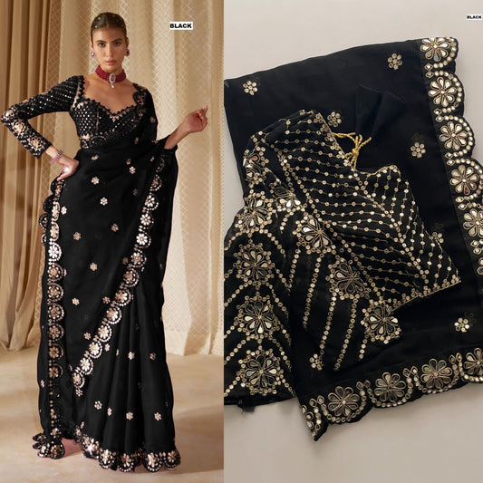 Bollywood Blockbuster Original Mirror Work Georgette Saree – Heavy Sequin Embroidery & Stitched Designer Blouse | House of ShiVisha™ | Luxe Mirror Edition | Code: DF-3457