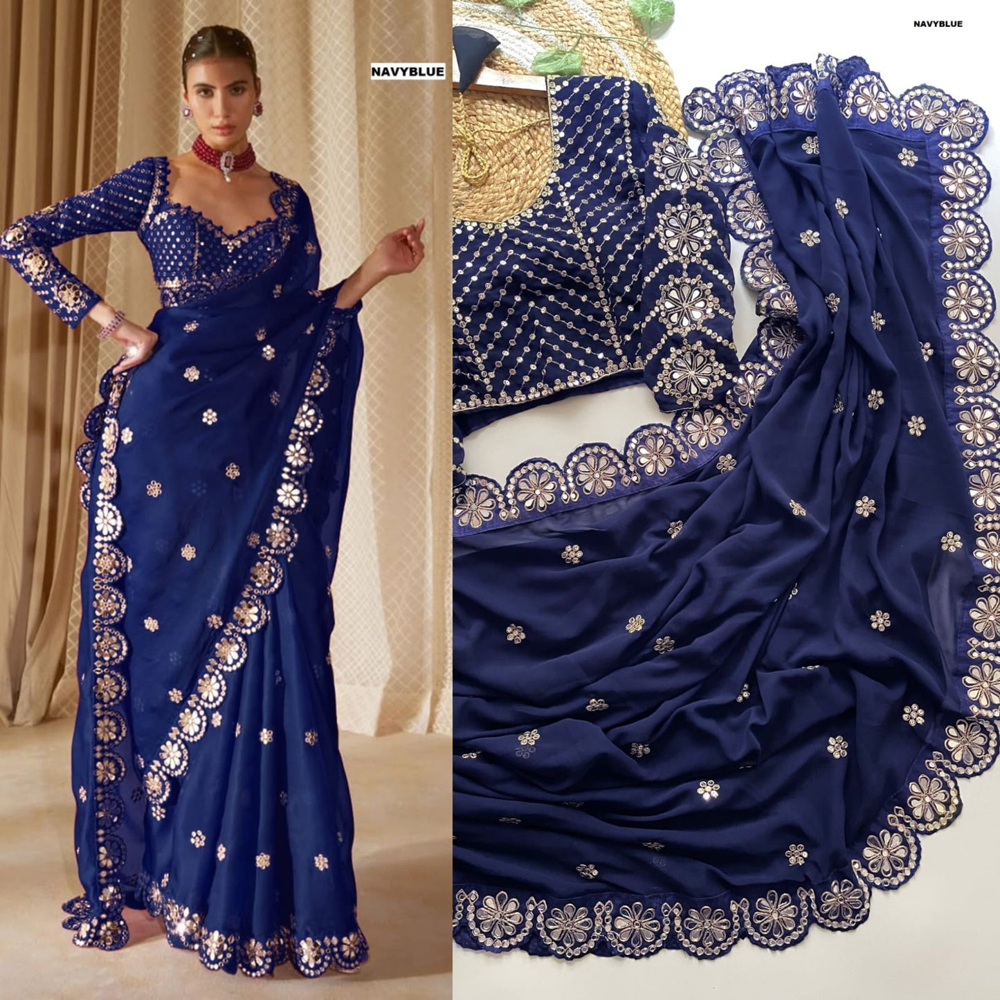 Bollywood Blockbuster Original Mirror Work Georgette Saree – Heavy Sequin Embroidery & Stitched Designer Blouse | House of ShiVisha™ | Luxe Mirror Edition | Code: DF-3457