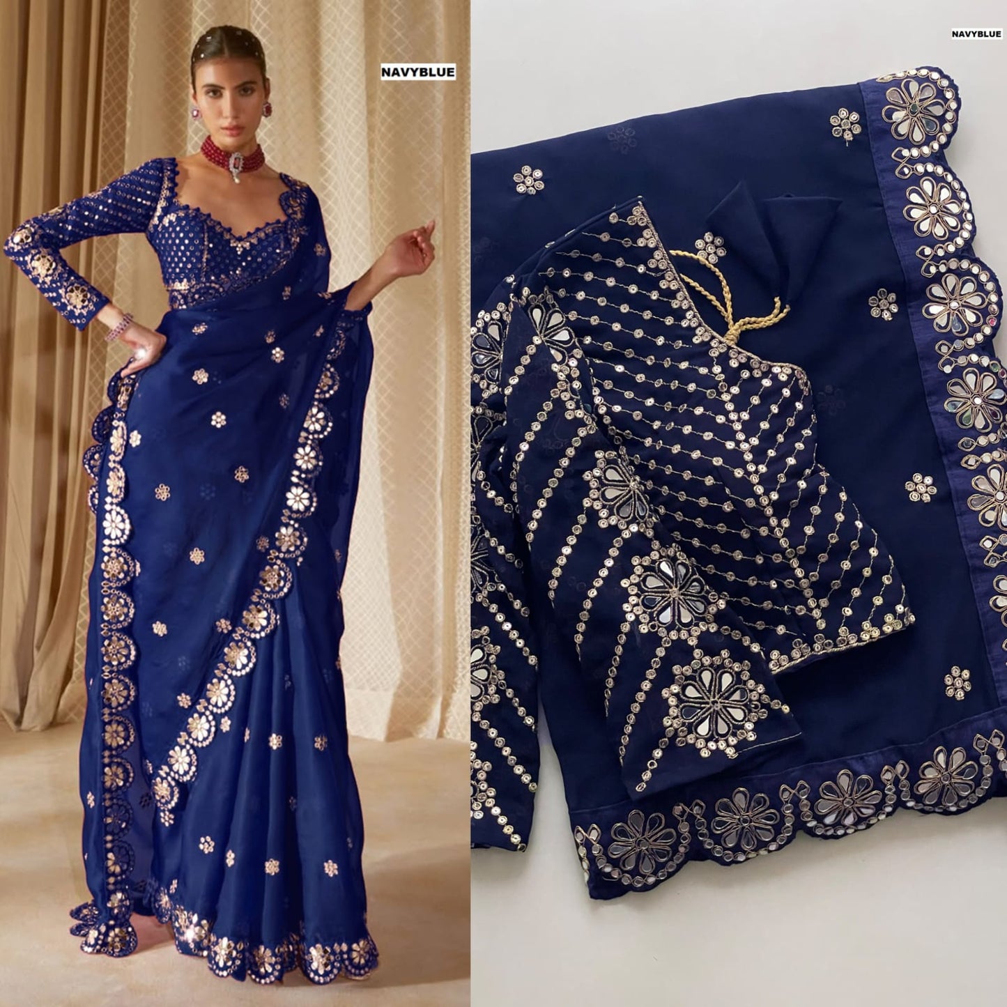 Bollywood Blockbuster Original Mirror Work Georgette Saree – Heavy Sequin Embroidery & Stitched Designer Blouse | House of ShiVisha™ | Luxe Mirror Edition | Code: DF-3457