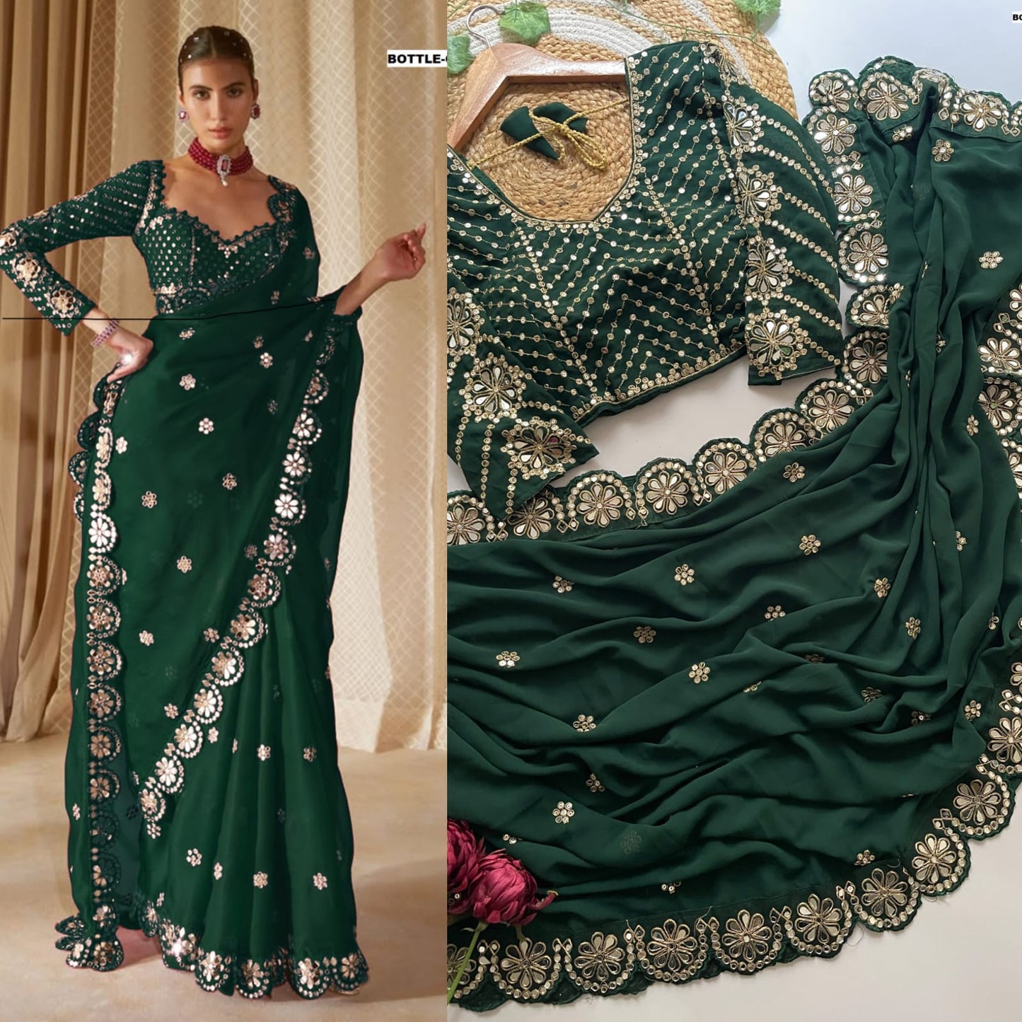 Bollywood Blockbuster Original Mirror Work Georgette Saree – Heavy Sequin Embroidery & Stitched Designer Blouse | House of ShiVisha™ | Luxe Mirror Edition | Code: DF-3457