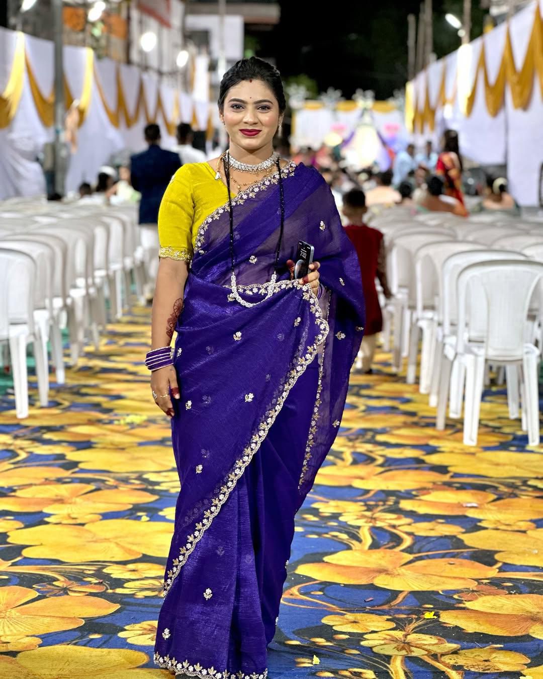 Crunchy Chiffon Crush Silk Saree – Embroidery Work with Scalloped Zari Cut Border | House of ShiVisha™ | Code: HOS-SR002-KOTH