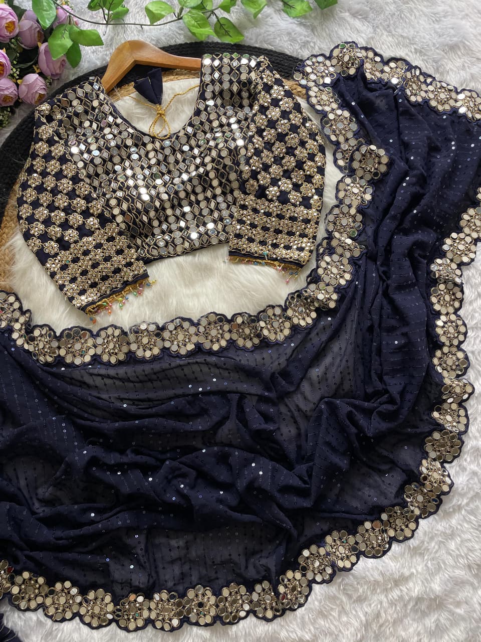 DF-3429 Faux Georgette Saree – Original Mirror & 5mm Sequin Embroidery with Heavy Blouse | House of ShiVisha™